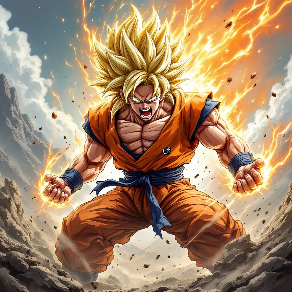 AI generated: Dbz: personagem tipo Goku, cabelo amarelo extra longo, lutando em guerra, fúria extrema, furioso, gr...