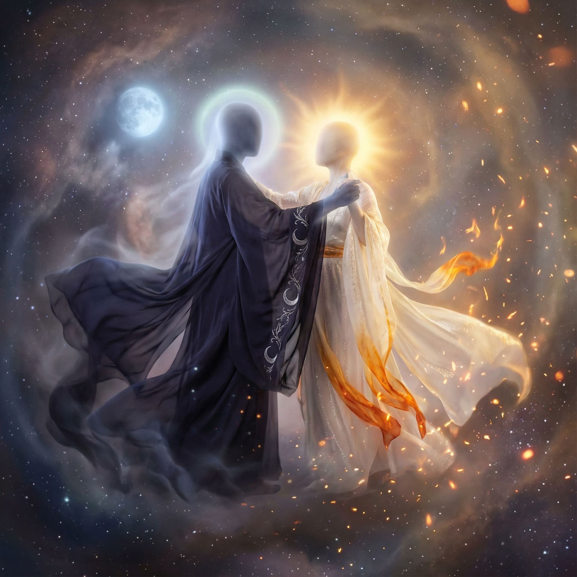AI generated: Two ethereal human-like figures representing yin and yang, standing in a harmonious pose within a co...