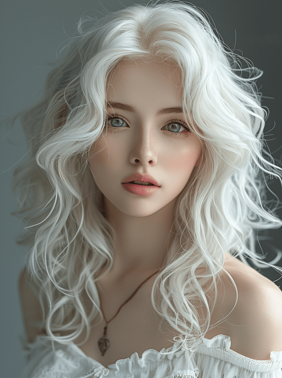 AI generated: White hair, silver eyes, Asian girl with wavy shoulder-length white curly hair, gorgeous appearance,...