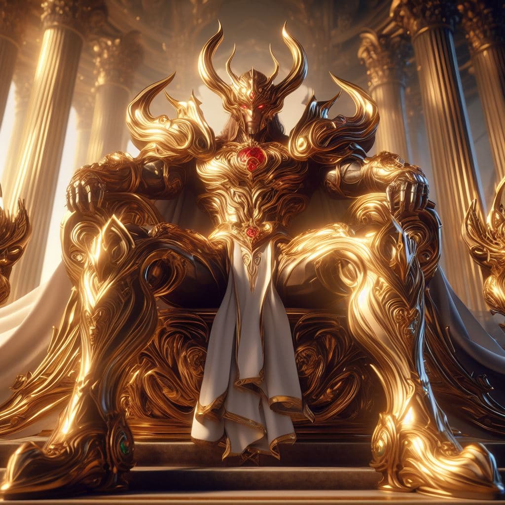 AI generated: full body shot with hyperdimensional totem implants. badass Saint Seiya Capricorn knight sitting on ...