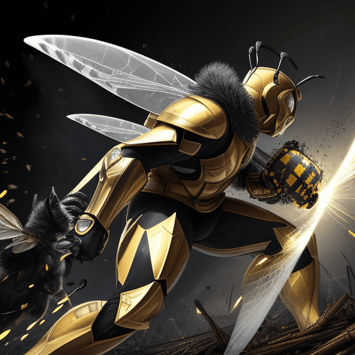 AI generated: Photograph of a The battle between a bee-inspired superarmor features an aerodynamic and futuristic ...