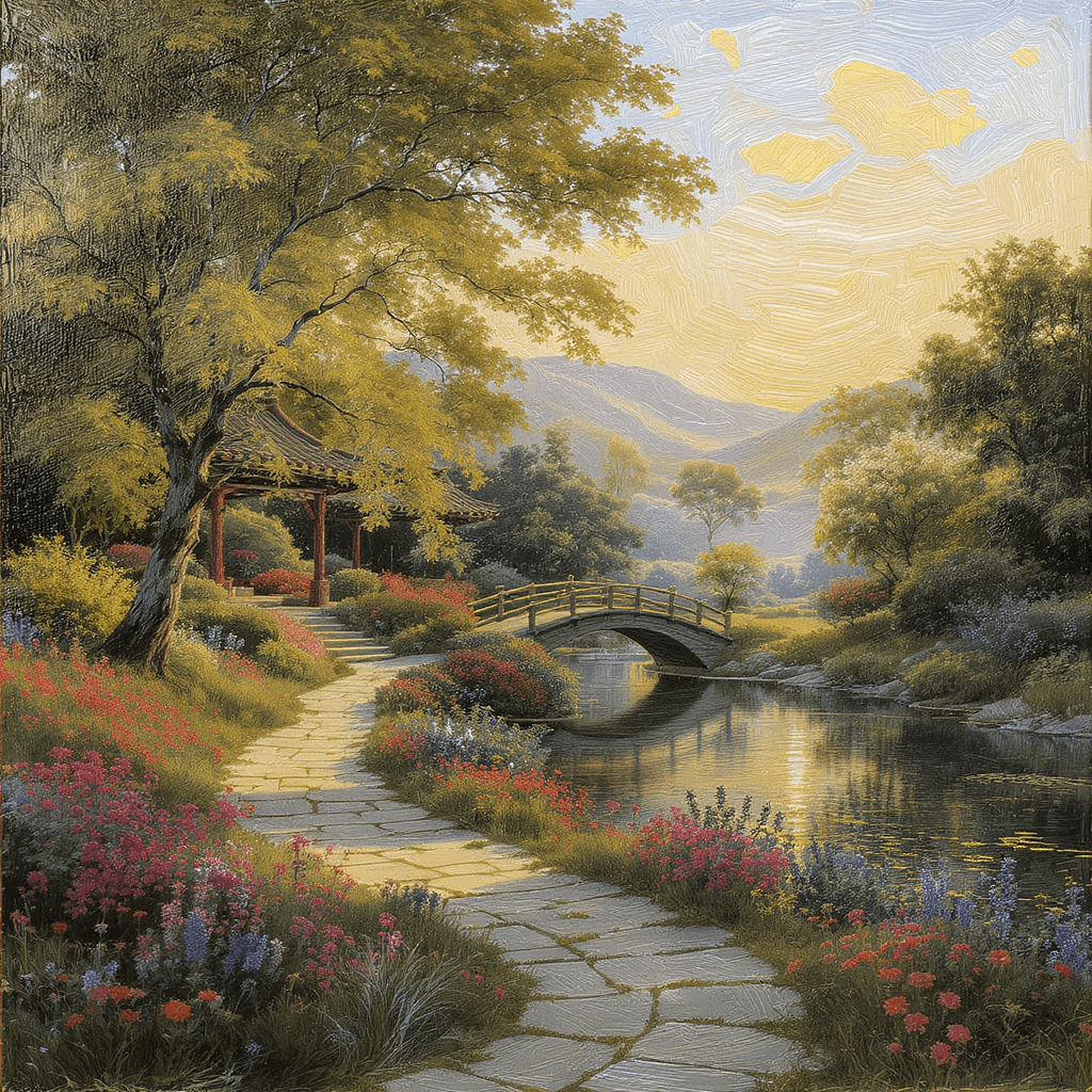 AI generated: Create a beautiful landscape that looks human made add brush strokes, whatever you can to give it th...