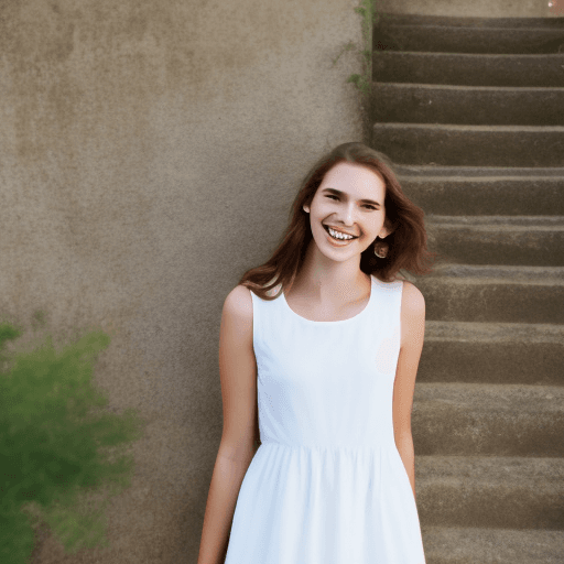 AI generated: white woman, 20 years old, smiling, white summer dress, simple backgorund, brown hair
