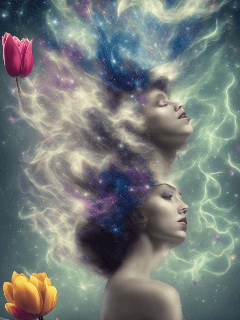 AI generated: soft woman with tulips opening in her hair, galaxy smoke fractals, elegant botany, dynamic movement,...