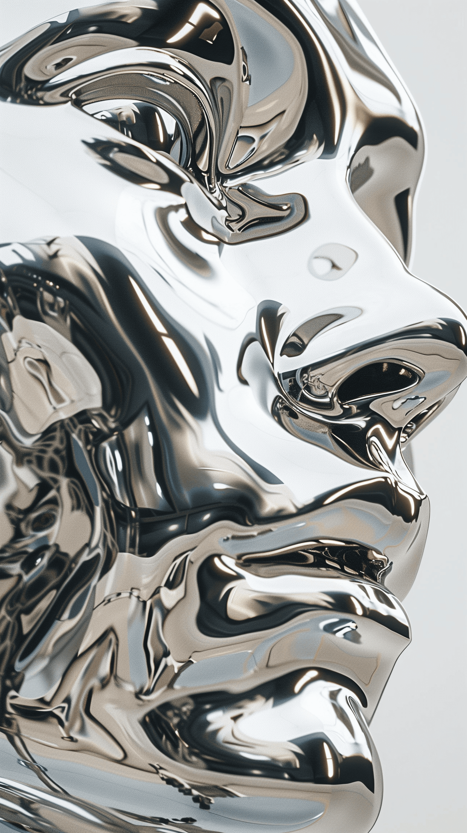 AI generated: highly reflective, polished metal humanoid face, distorted and twisted into abstract shapes, reflect...