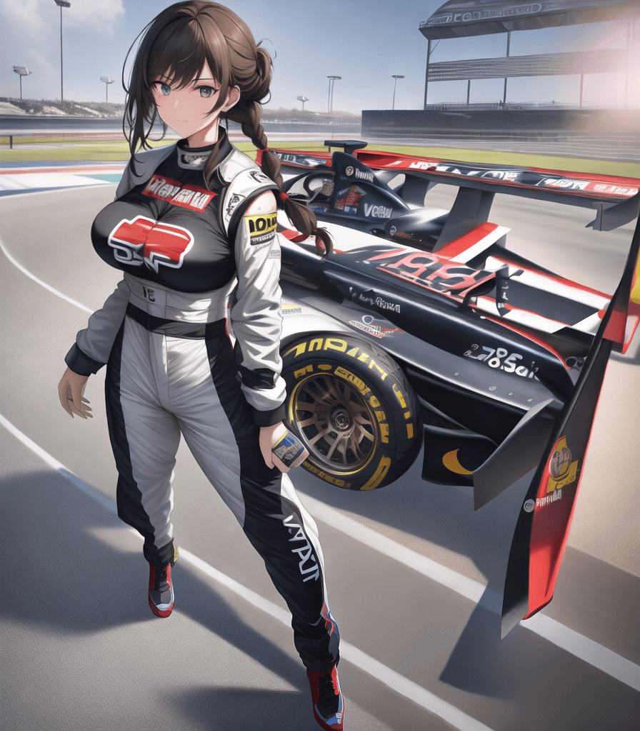 AI generated: perfect anime illustration, 1girl, braided hair, medium hair, (huge breasts:1.2), sidehair, racecar ...