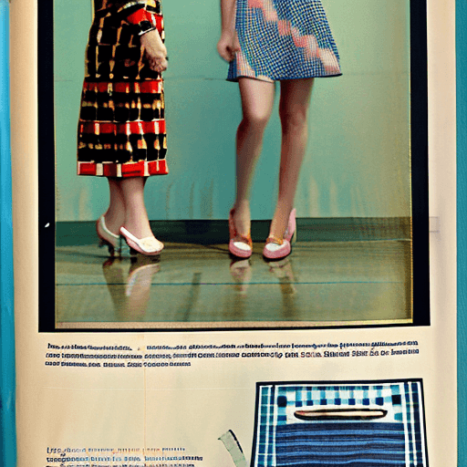 AI generated: A vintage fashion magazine page featuring three women wearing simple blue and pink checkered, stripe...