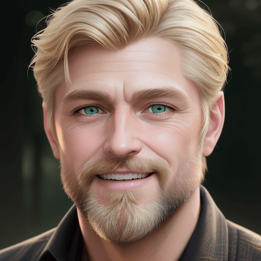 AI generated: headshot of a handsome middle aged man with medium blonde hair, stubble beard, jade green eyes, smil...