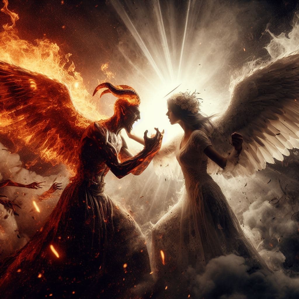 AI generated: conflict scenes between an angel and a demon,in a fantasy world,very inspired by H.R.Giger and Guill...