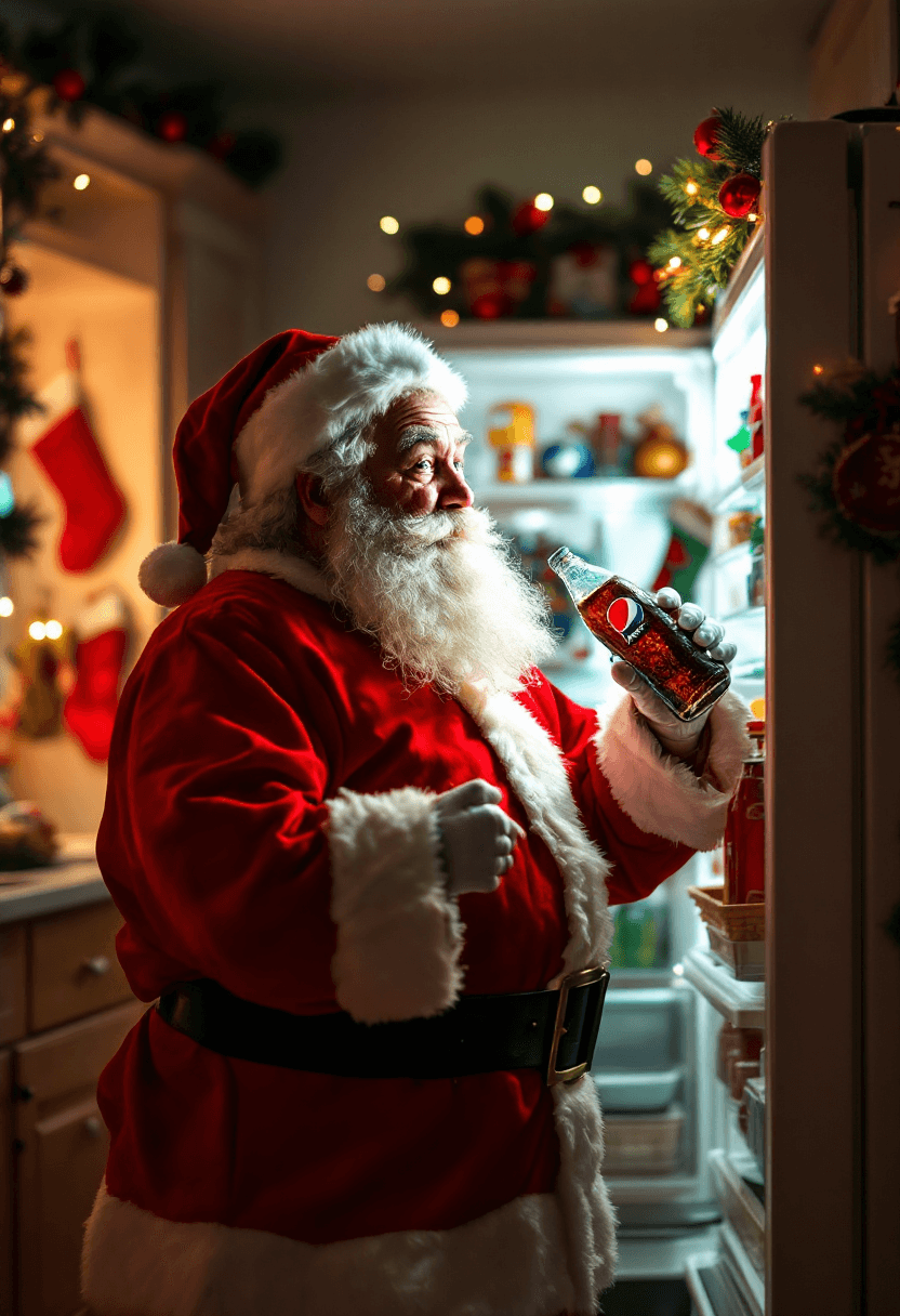 AI generated: A realistic flash-photo style image of Santa Claus caught red-handed drinking a Pepsi straight from ...