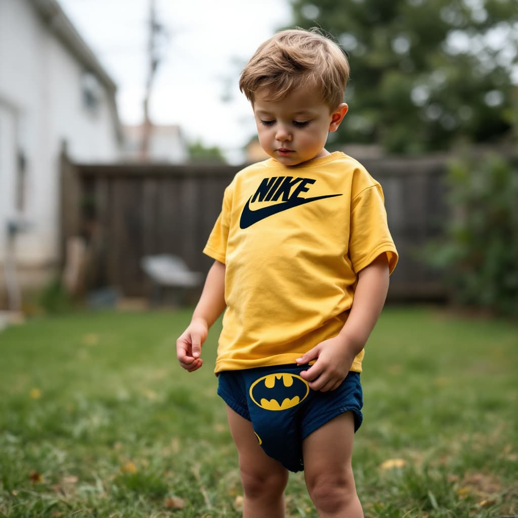 AI generated: A two year old boy wearing a yellow shirt at least four sizes too big for him with the Nike logo in ...