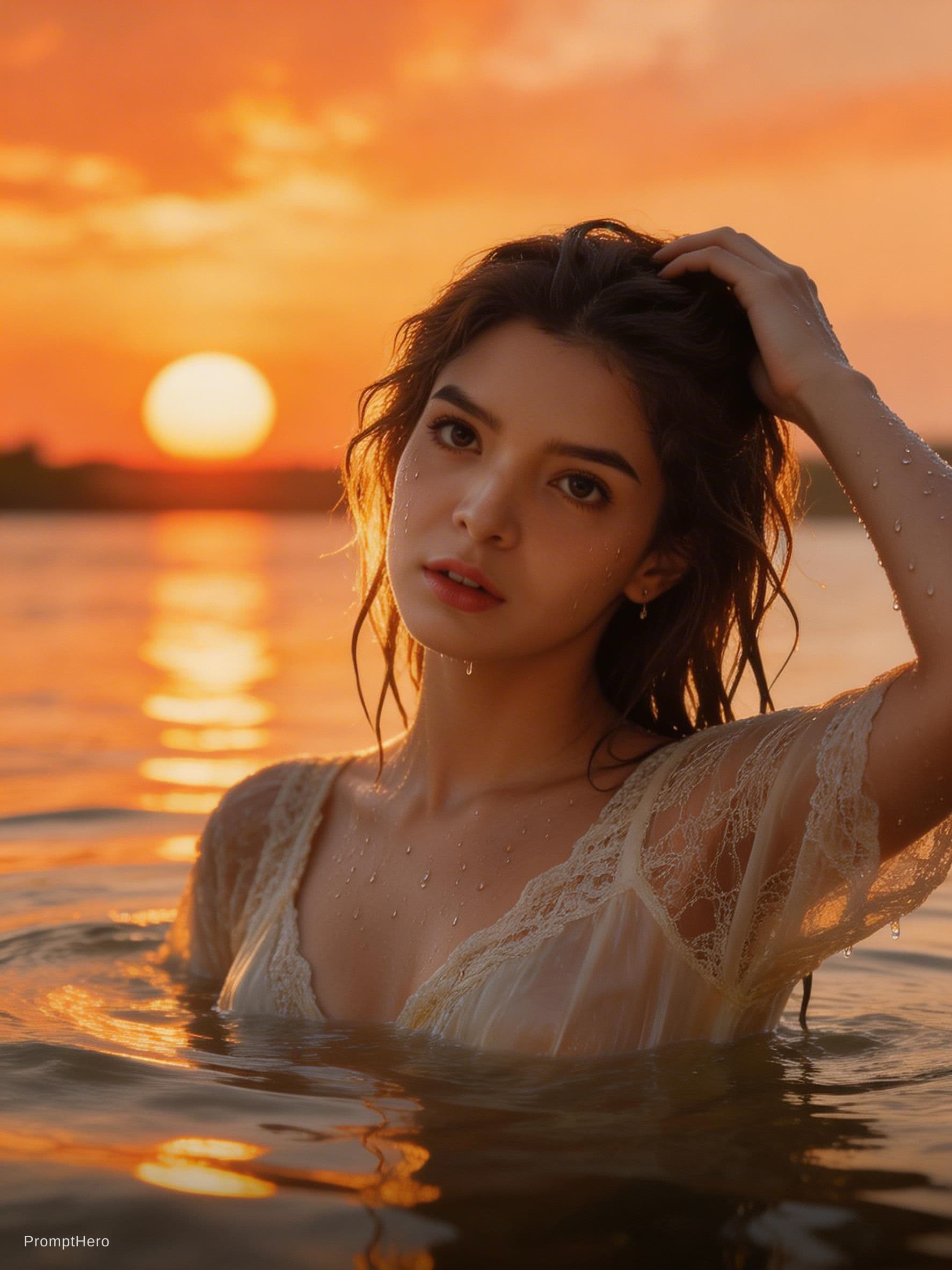 AI generated: The uploaded woman stands by a river. The setting sun, a fiery sunset, golden clouds, and golden rip...