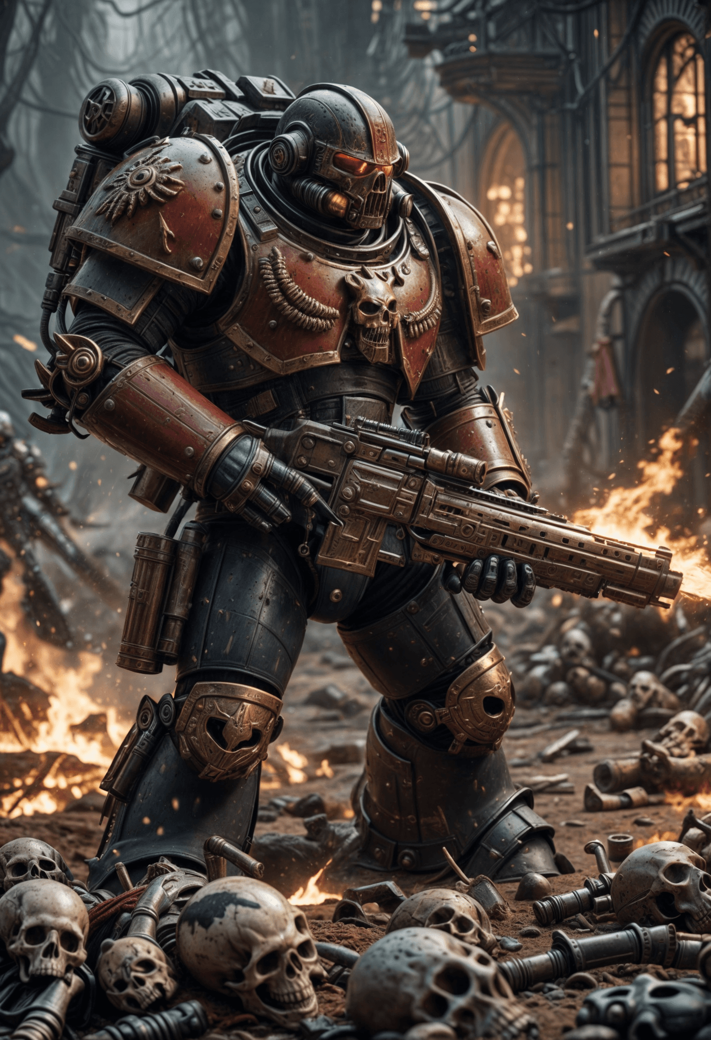 AI generated: a cinematic scene in the warhammer universe , a spacemarine fire his bolter,shiny,bloody ,skulls,bon...