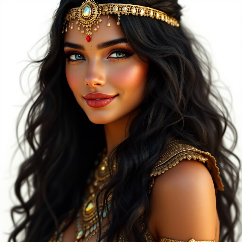 AI generated: create a ancient Indian princess female age 35 , full bottle neck figure , big chest , red lips , fa...