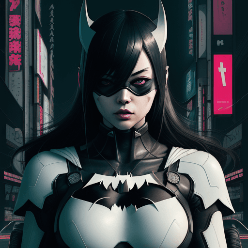 AI generated: Large white border all round. Overlay Japanese type. A poster with of batgirl in tokyo, cyberpunk ar...