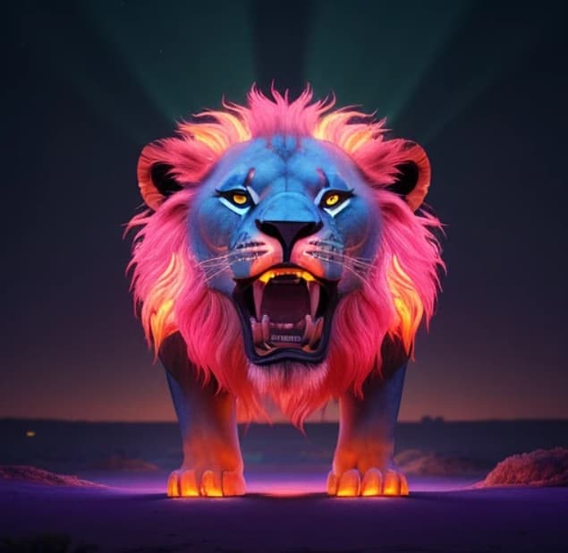 AI generated: a front of view photo of a lions roar, vibrant, bioluminescence, 8k, masterpiece, trending on artsta...