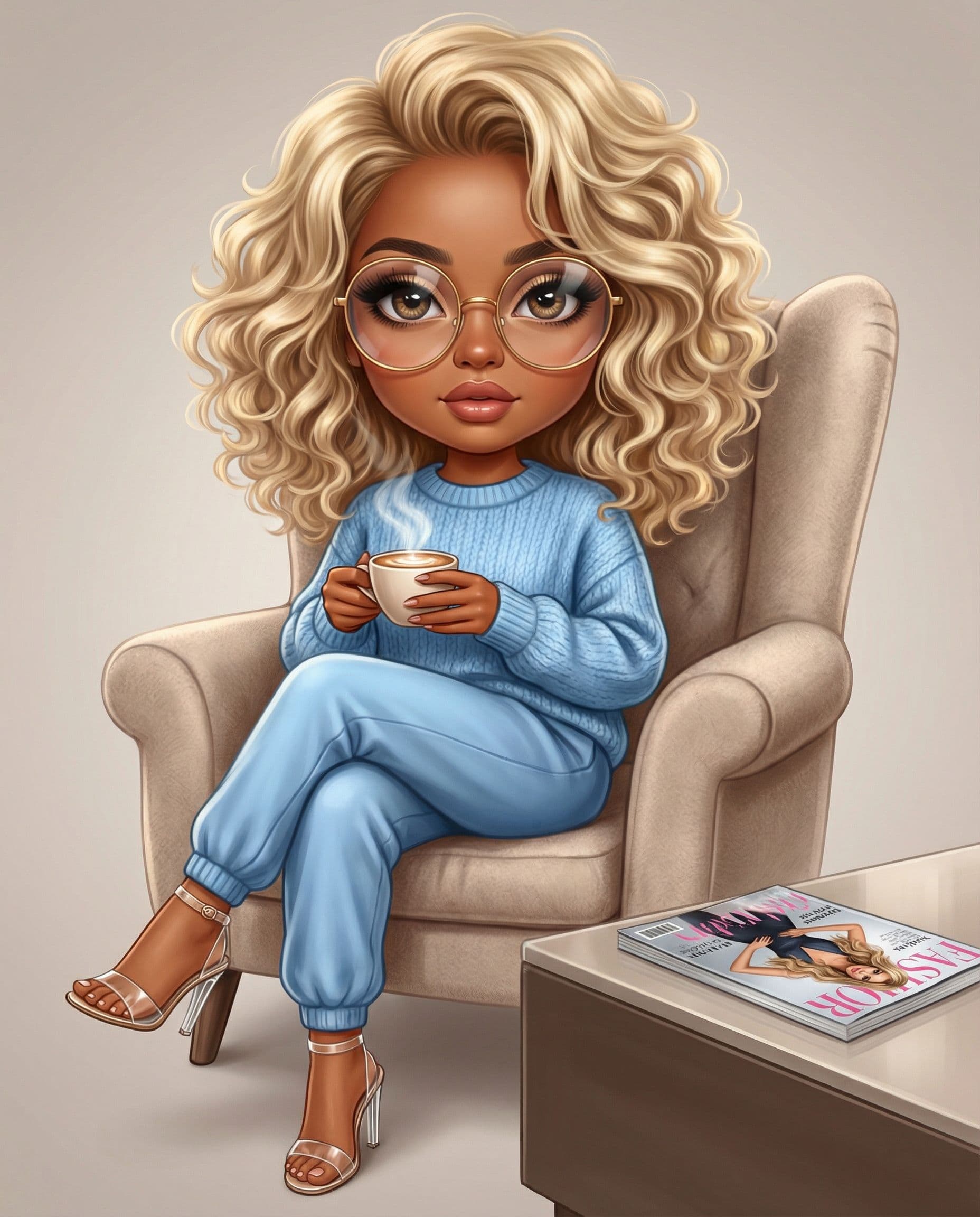 AI generated: European appearance realistic 18k airbrush chibi illustration of a beautiful glamorous quirky cartoo...