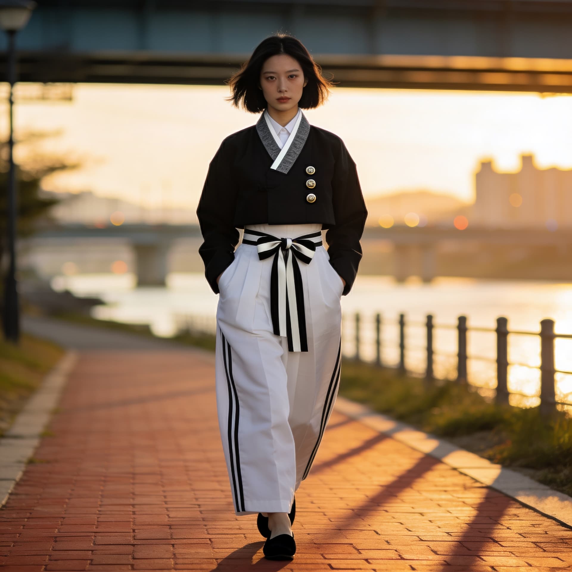 AI generated: ultra-realistic view photo of a Korean female model in 2026 Seoul Korea. Long shadows at the sunset ...