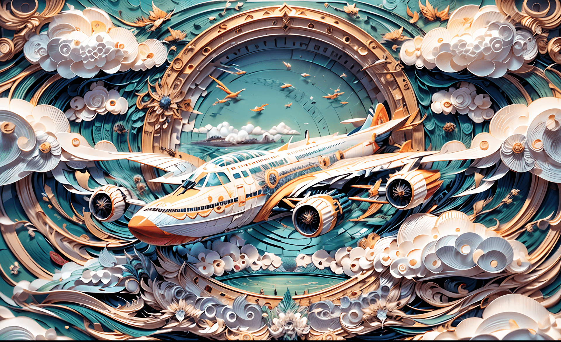 AI generated: masterpiece, concept art, paper cut, (highly detailed, beautiful and aesthetic), plane, sky, cloud, ...