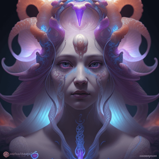 AI generated: Goddess close-up portrait ribcagel. jellyfish phoenix head, nautilus, orchid, skull, betta fish, bio...