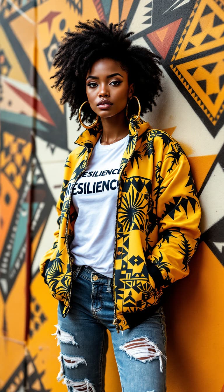 AI generated: A striking, ultra-realistic portrait of a stylish African woman. She stands boldly against a wall co...