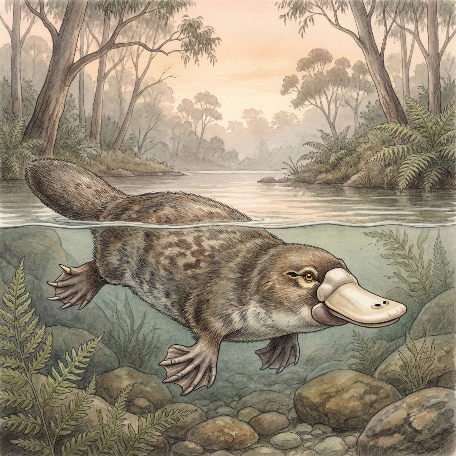 AI generated: A detailed illustration of an Australian duck-billed platypus in its natural habitat, with a mix of ...