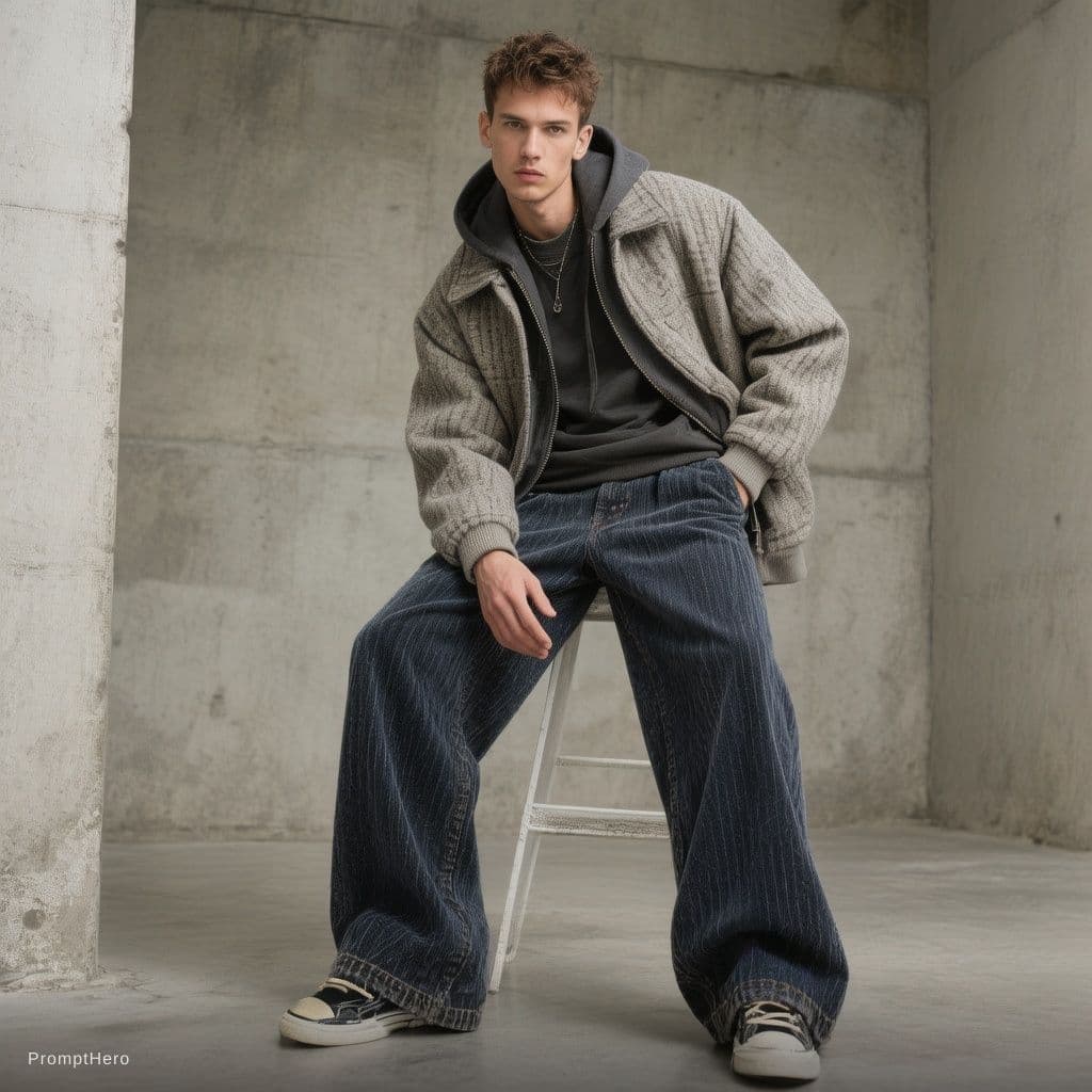 AI generated: Create a high-end fashion image of a male model wearing relaxed luxury streetwear with wide-leg trou...
