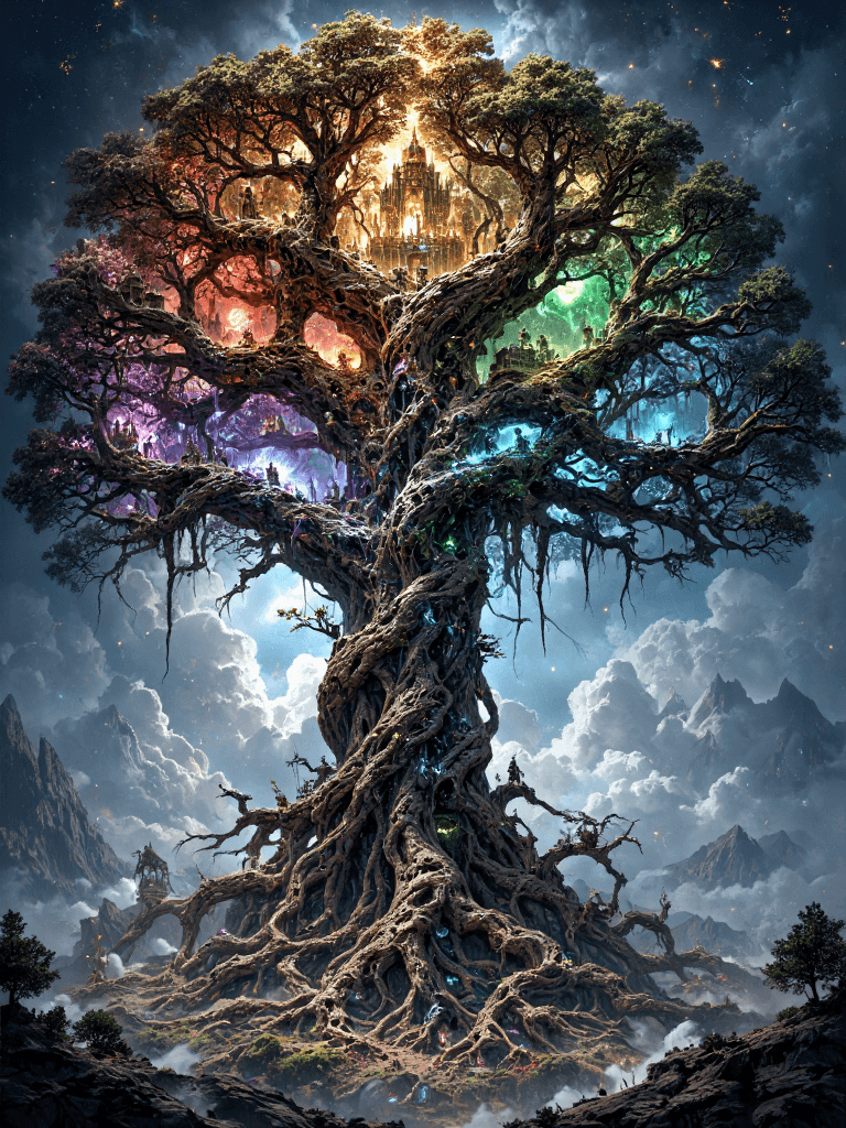 AI generated: A vast, cosmic Yggdrasil, the World Tree, stretches into the star-speckled void of space, its massiv...