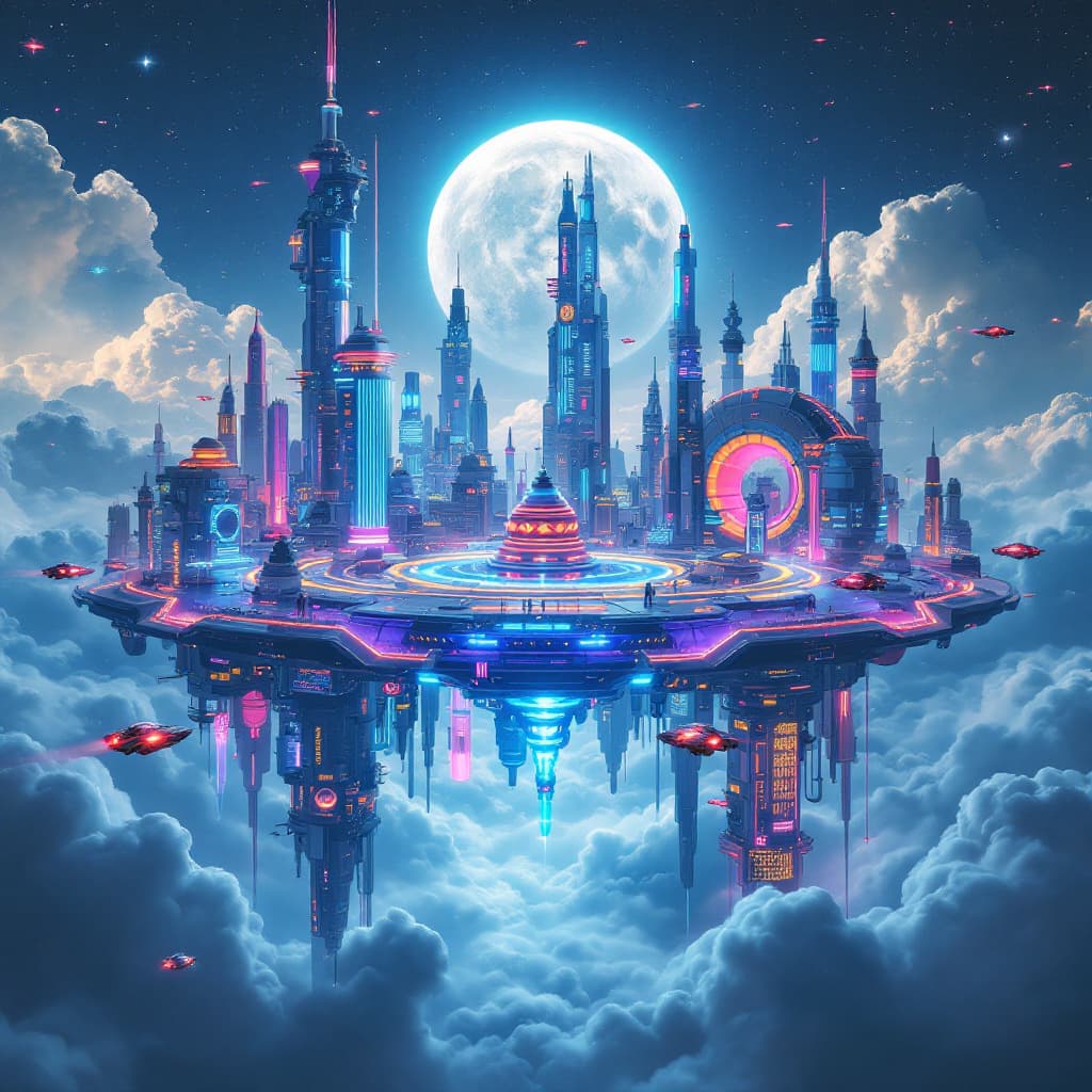 AI generated: A futuristic city floating in the clouds, with neon lights and flying cars, cyberpunk aesthetic, ult...