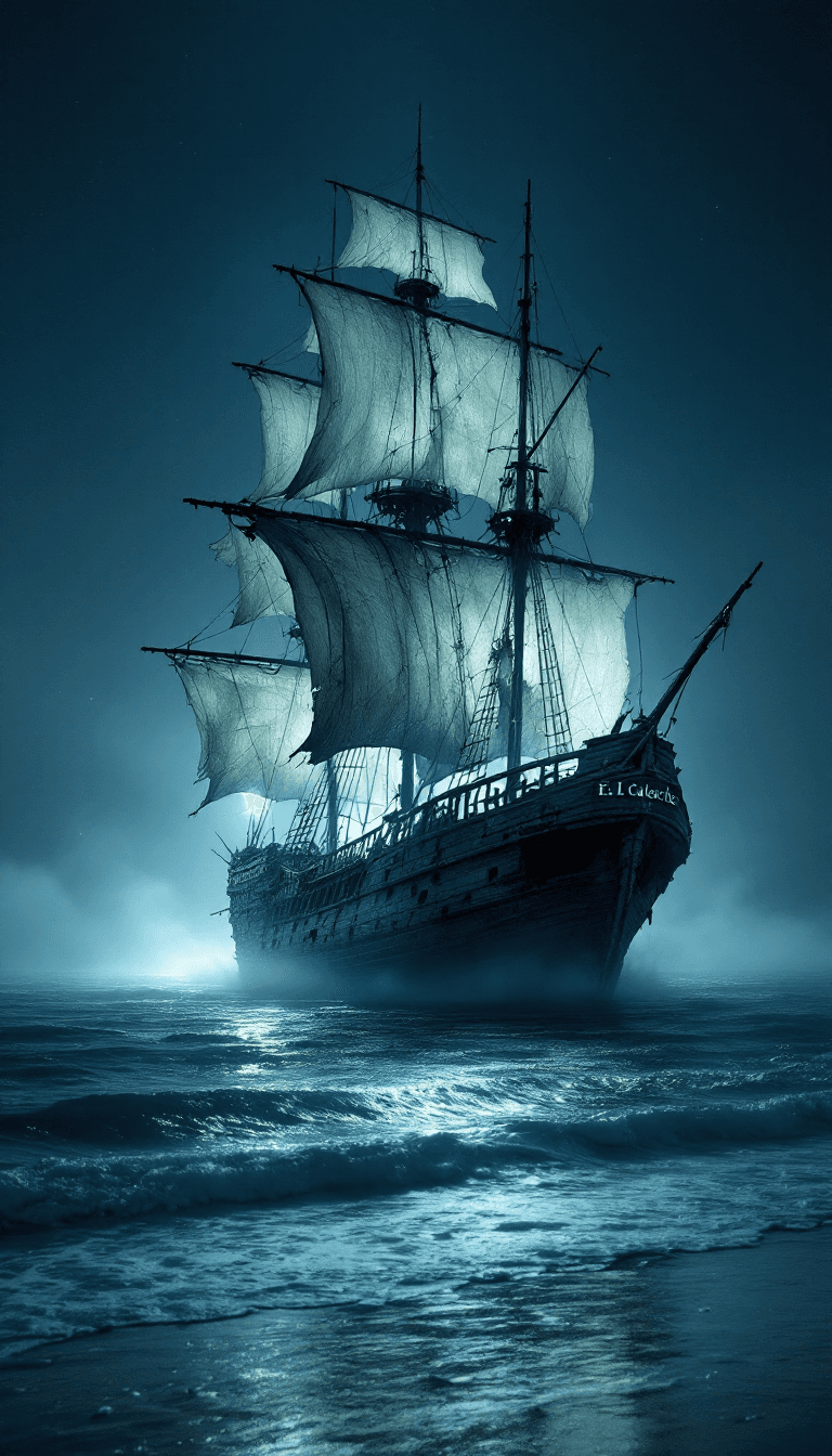 AI generated: An ancient ghost ship with torn white sails, heavily weathered and decayed, slowly drifting under a ...