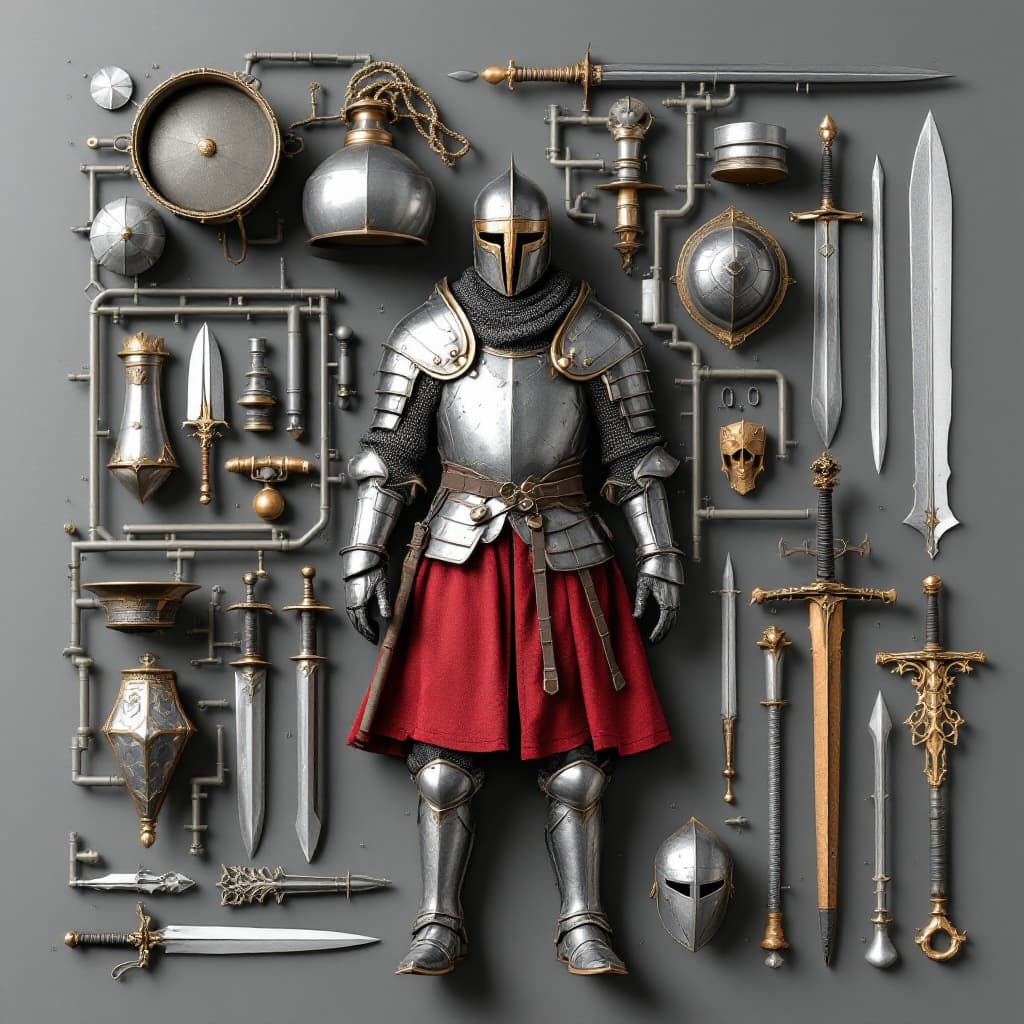 AI generated: plastic model kit style image featuring a medieval knight with armor and weapons, arranged in a spru...