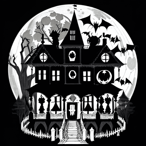 AI generated: Create a black and white, Halloween-themed coloring page featuring a spooky haunted mansion on a hil...