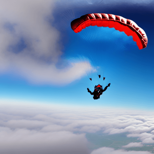 AI generated: Skydiver with parachute, falling through the clouds