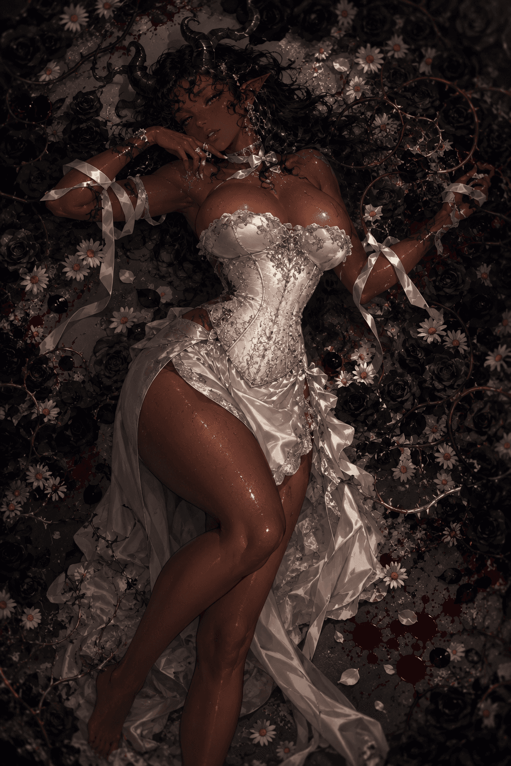 AI generated: Cinematic anime editorial illustration, dark romantic gothic floral scene, top-down composition, ful...
