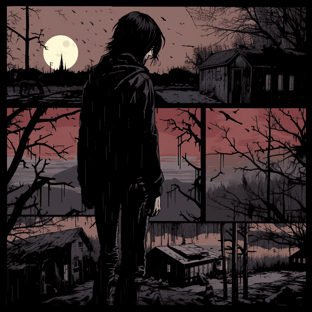 AI generated: 'Silent hill eps 2' , In the style of expressive Gloomy comic panels, Terror goth, Candid moments ca...
