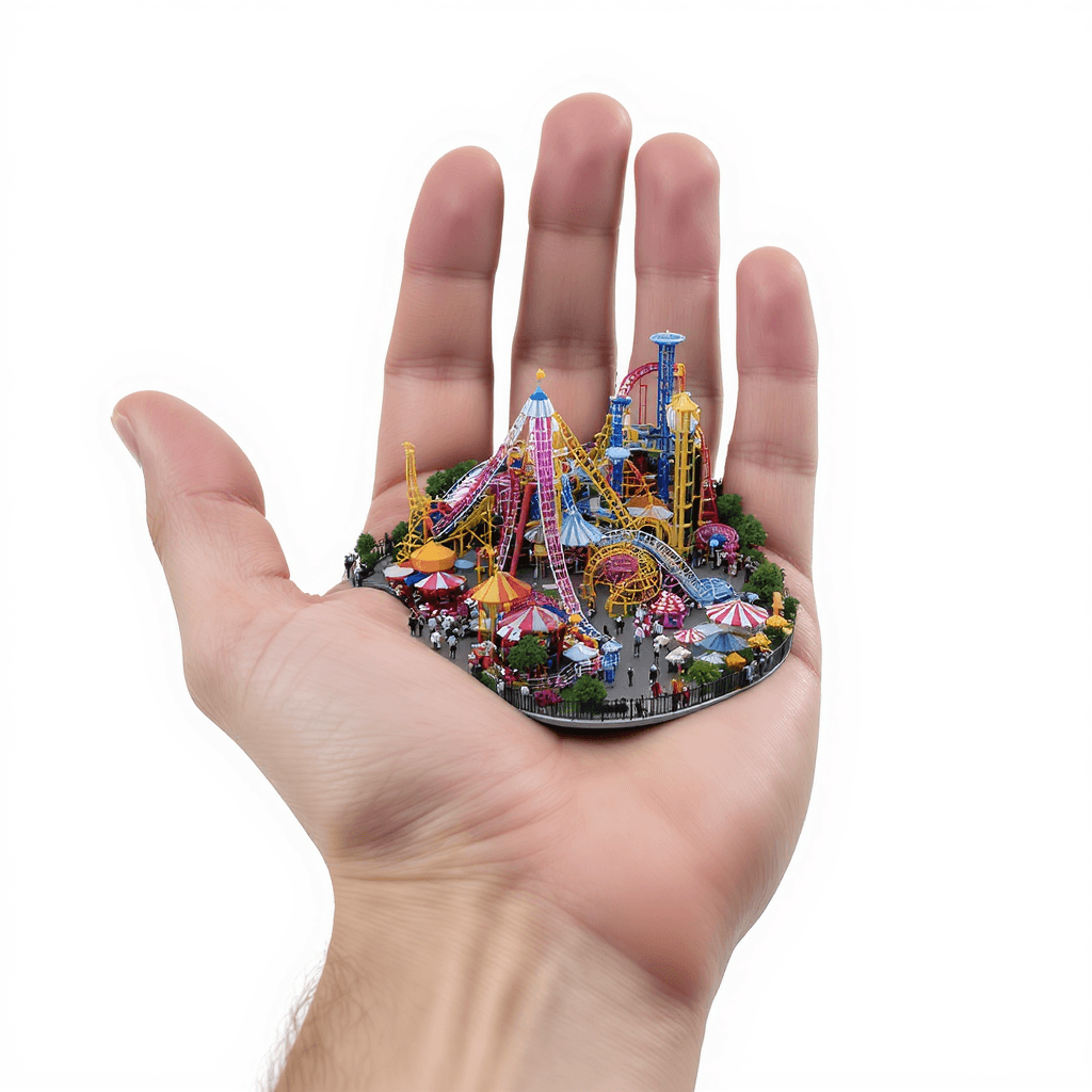 AI generated: Someones palm and I side their palm we see a miniature theme park Great America full of people visit...