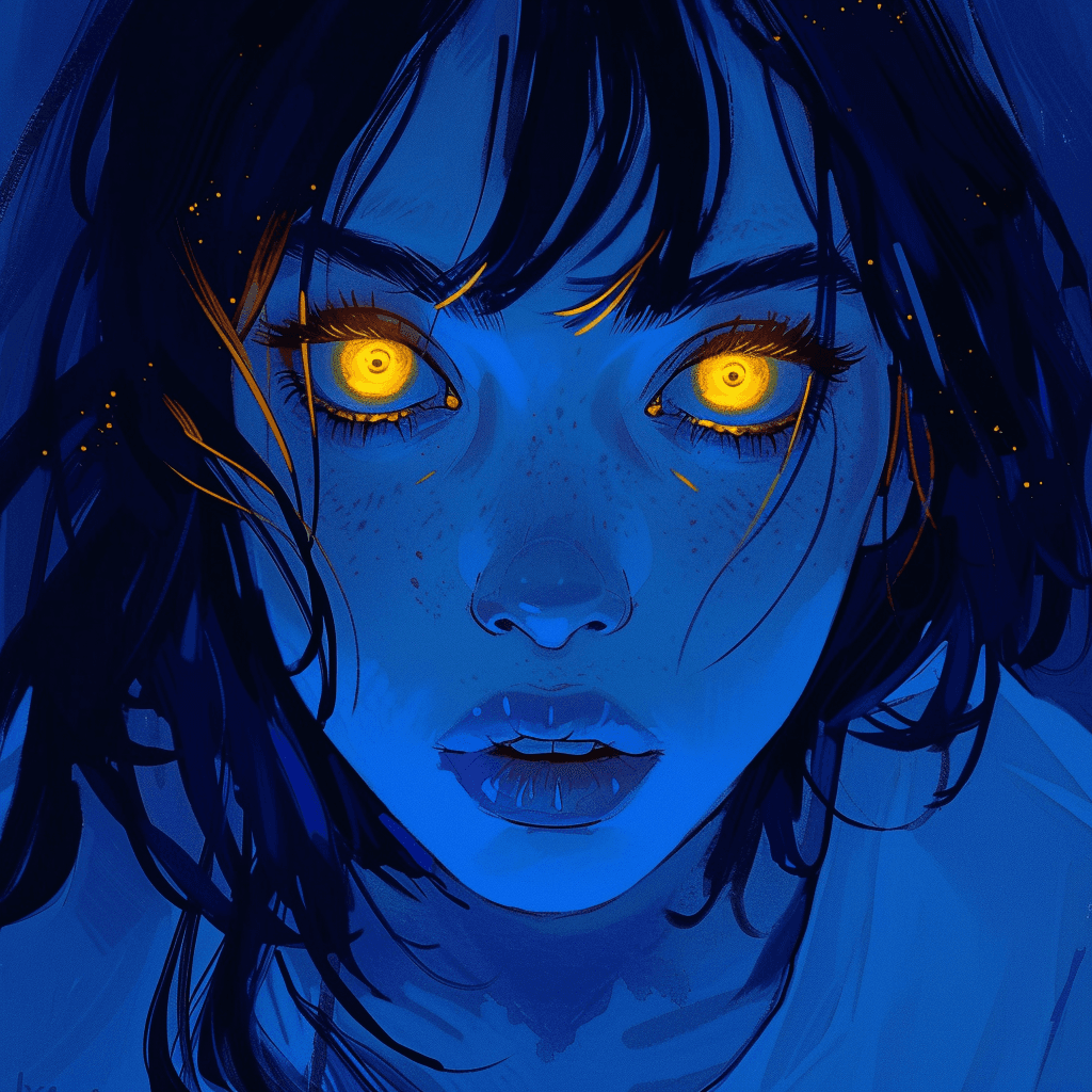 AI generated: a girl with yellow eyes in a blue shirt, in the style of glowing neon, dramatic, somber religious wo...