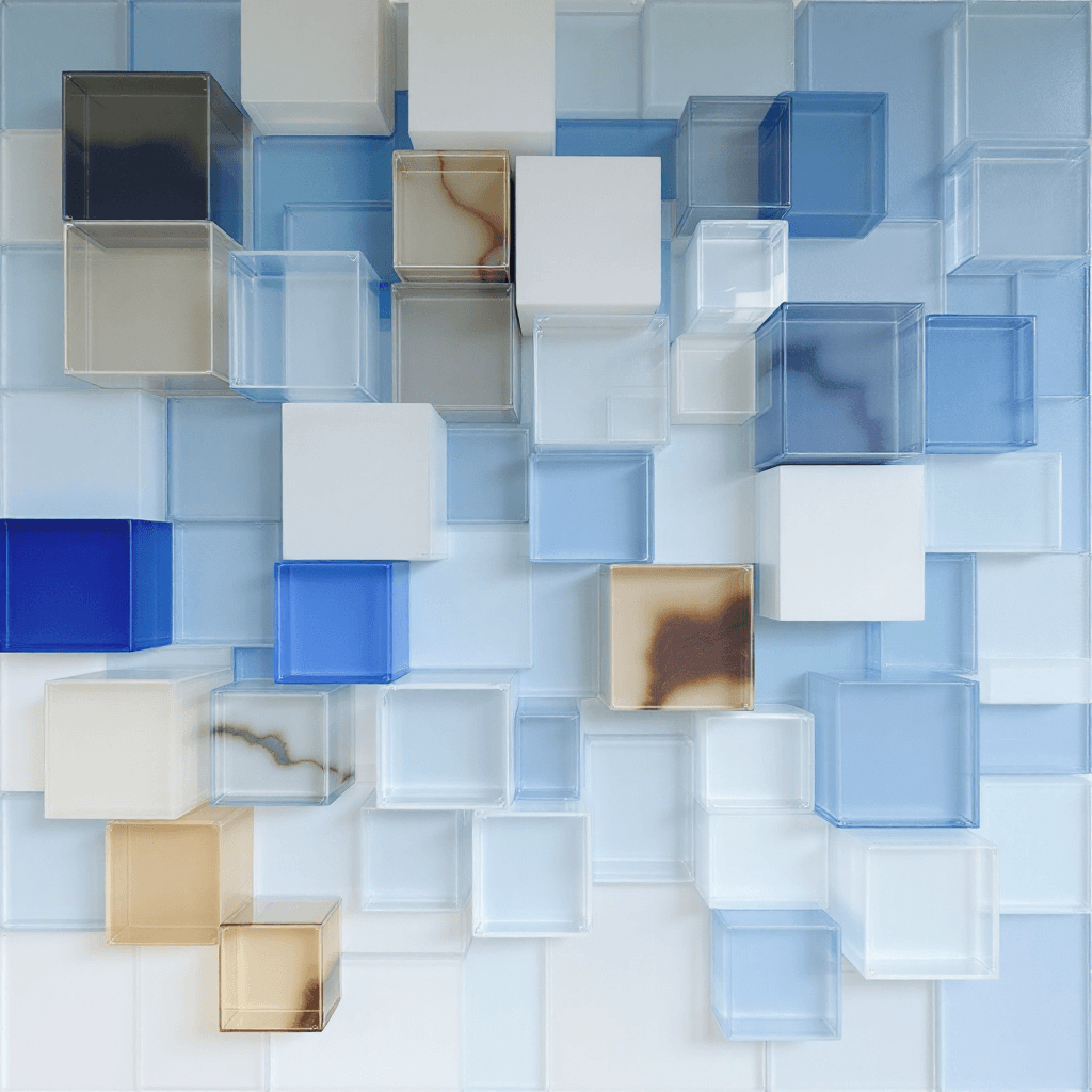 AI generated: A white and blue abstract wall sculpture made of glass cubes, each cube is of different sizes and sh...
