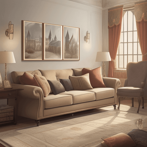 AI generated: An illustration of a sofa in a modern scene with personalized pillows  with drawings of the houses o...