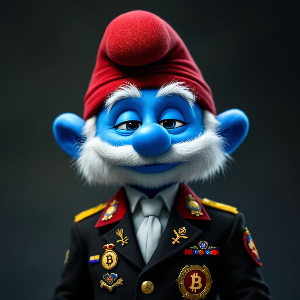 AI generated: Photo of smurf with the face from father smurf,more hiperrealism,red hat,position front,suit with in...