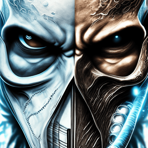 AI generated: Sub Zero from Mortal Kombat, skull face, cold white dull lifeless eyes, very scary character, close-...
