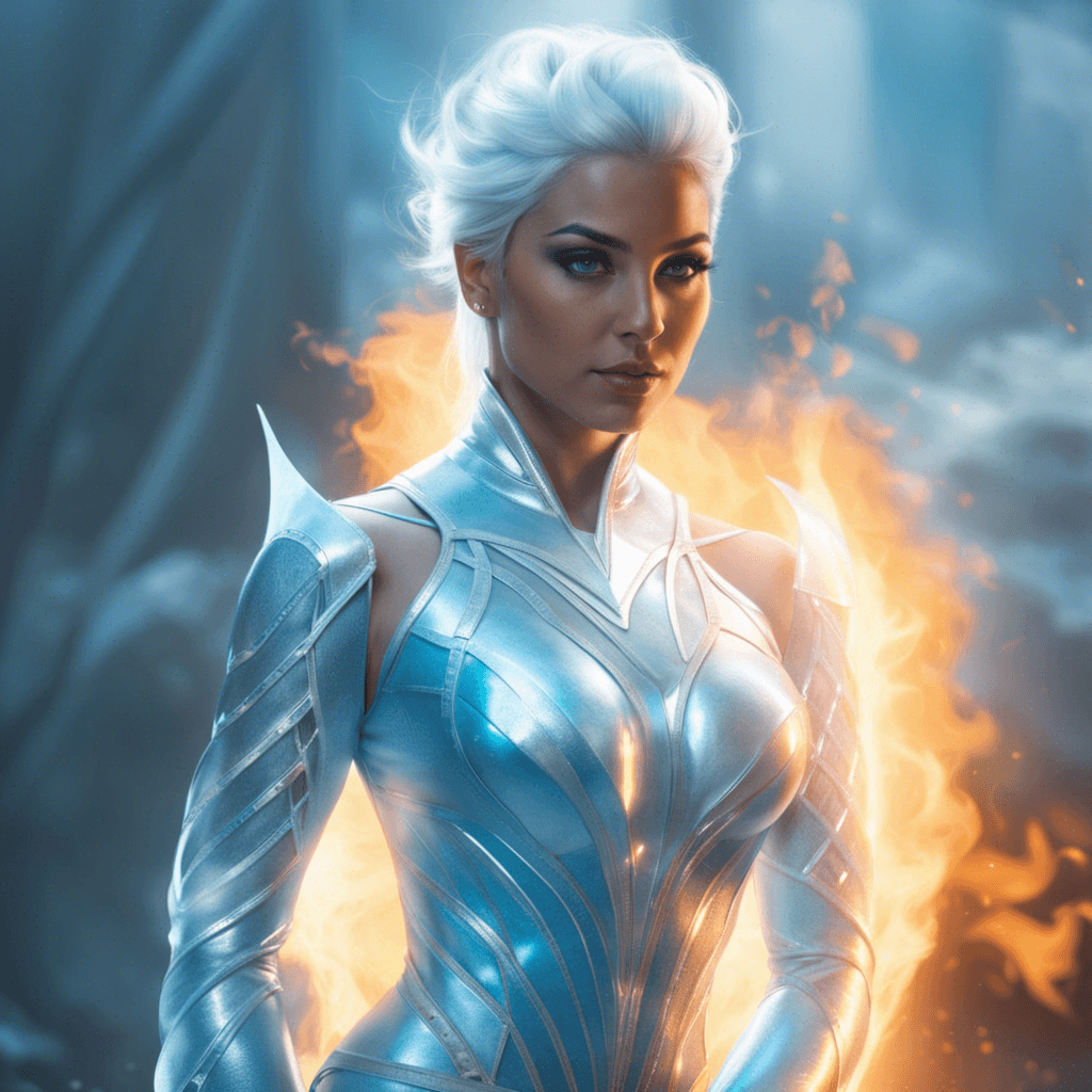 AI generated: gorgeous female dressed as iceman, marvel hero, fire, attractive, (((full body visible))), looking a...