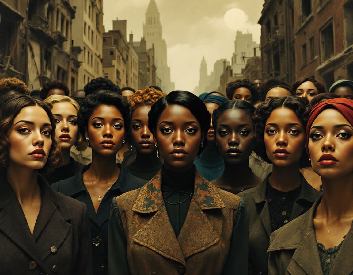 AI generated: a racially diverse crowd of women stand together facing the viewer. it is the 1930's. Our crowd is w...