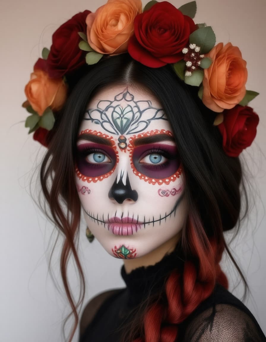 AI generated: Woman with black and reddish hair, blue eyes with a traditional mexican day of the dead black and wh...