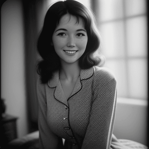 AI generated: Whole body photo of a pretty woman wearing old-fashioned polkadot pajamas, smiling slightly, daytime...