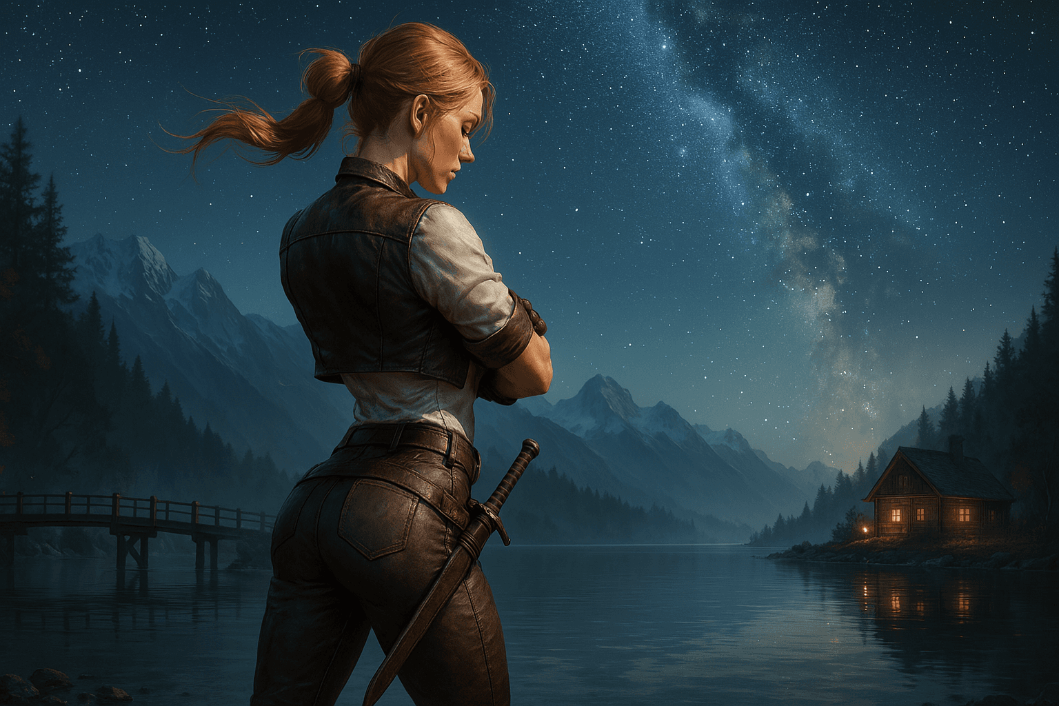 AI generated: A stunning full-body portrait of a formidable lady standing with her body bent, near a tranquil lake...