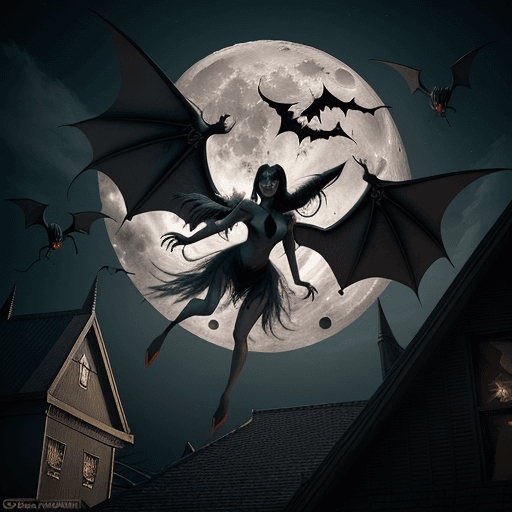 AI generated: Manananggal, female half-body (no lower body part) monster with bat-like wings and fangs, flying nea...