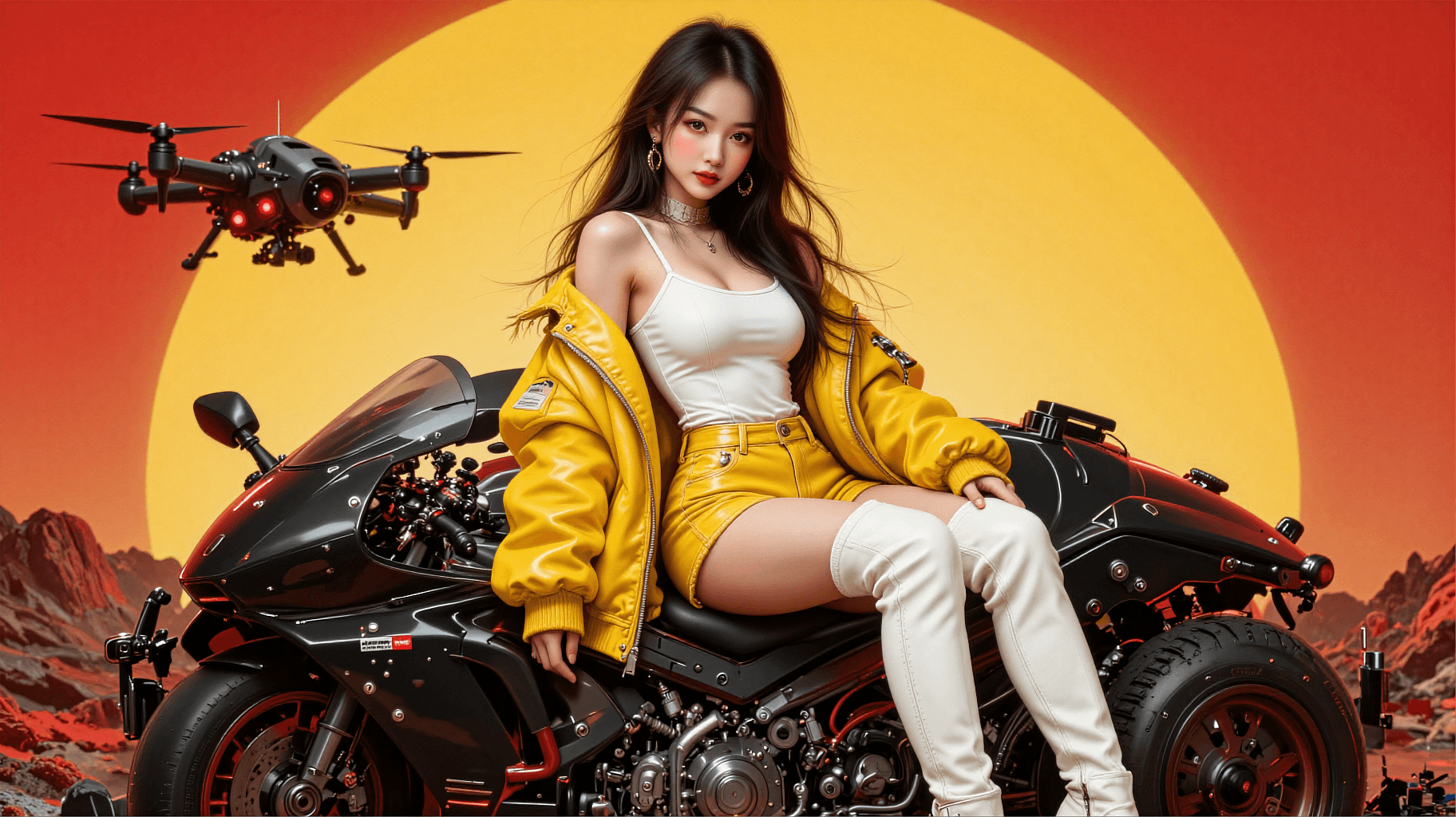 AI generated: The image is a high-concept, futuristic fashion portrait featuring a young Asian woman. The aestheti...