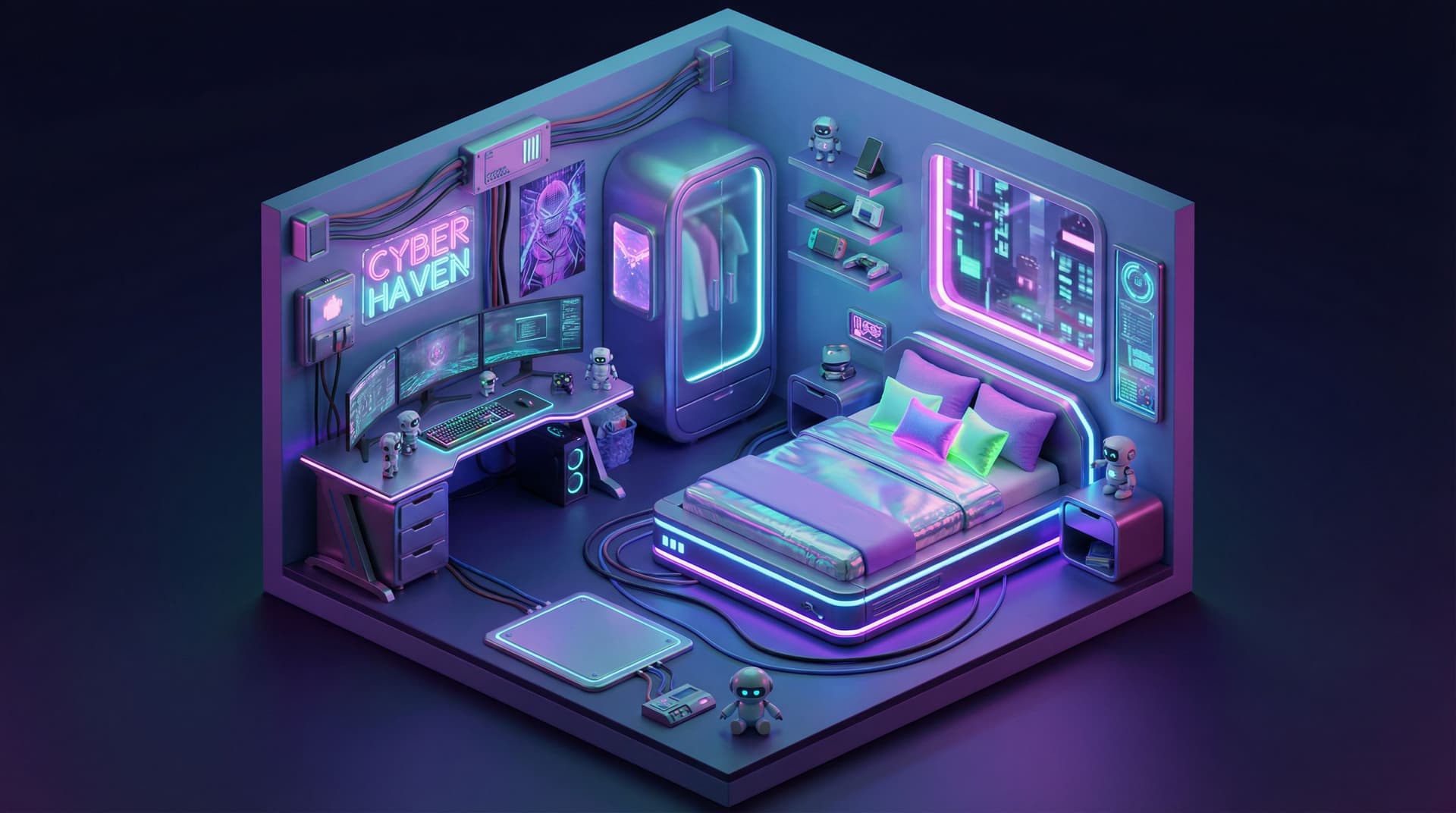 AI generated: cute isometric cyberpunk bedroom, cutaway box, futuristic, highly detailed, made with blender --v 4