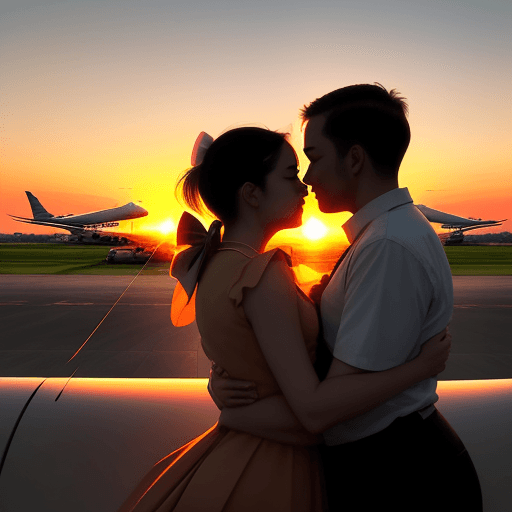AI generated: 3 people with bows and arrows hugging each other on the shoulder looking at the plane taking off fro...